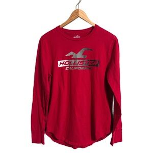 Retro Womens Hollister California Long Sleeve T-shirt Traditional Logo Red Sz S